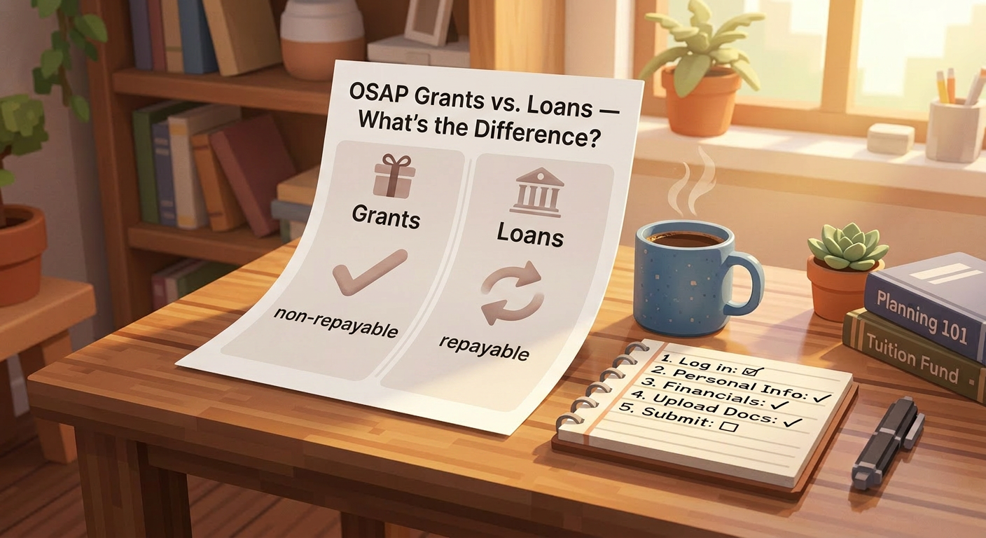 Chart comparing OSAP grants versus OSAP loans — grants are free money, loans must be repaid.