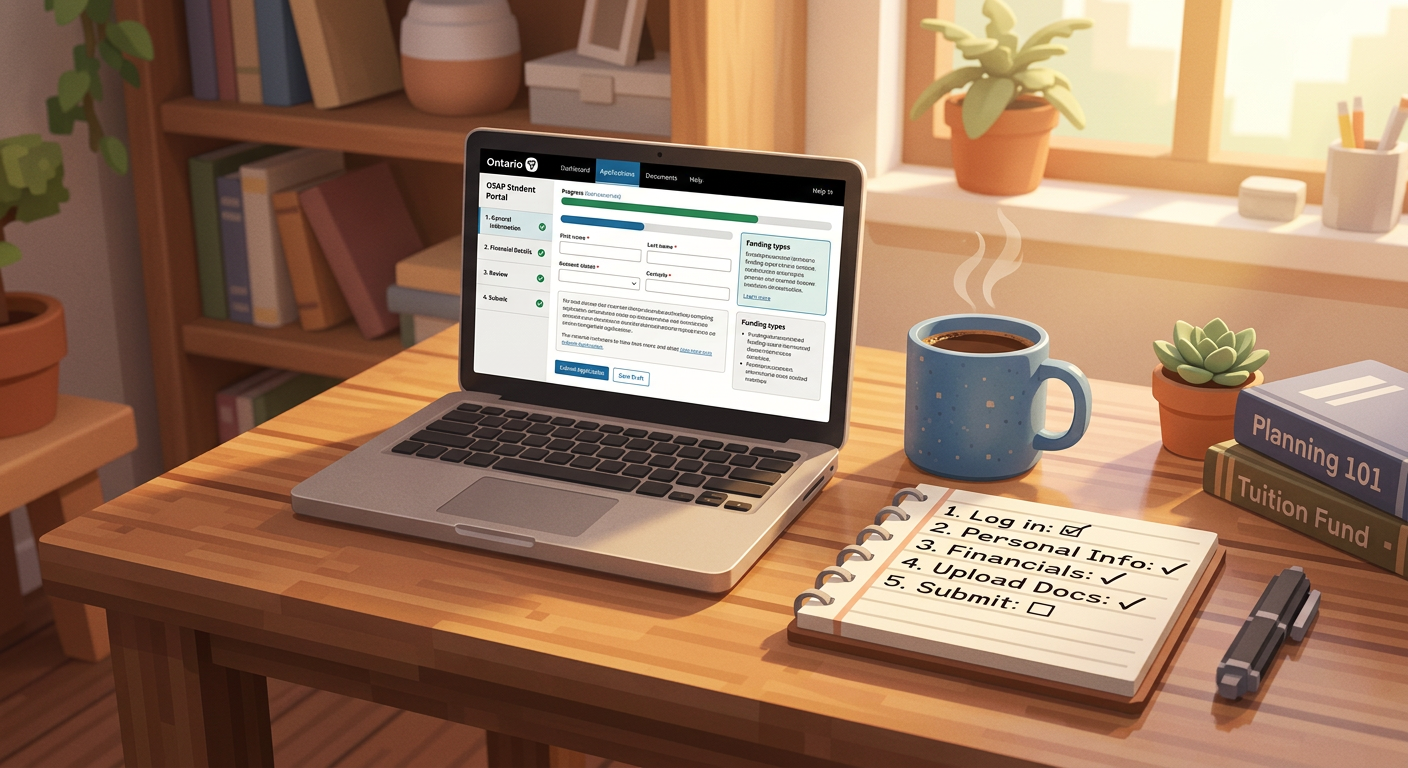 Laptop displaying OSAP application with a checklist beside it — how to apply for osap without mistakes
