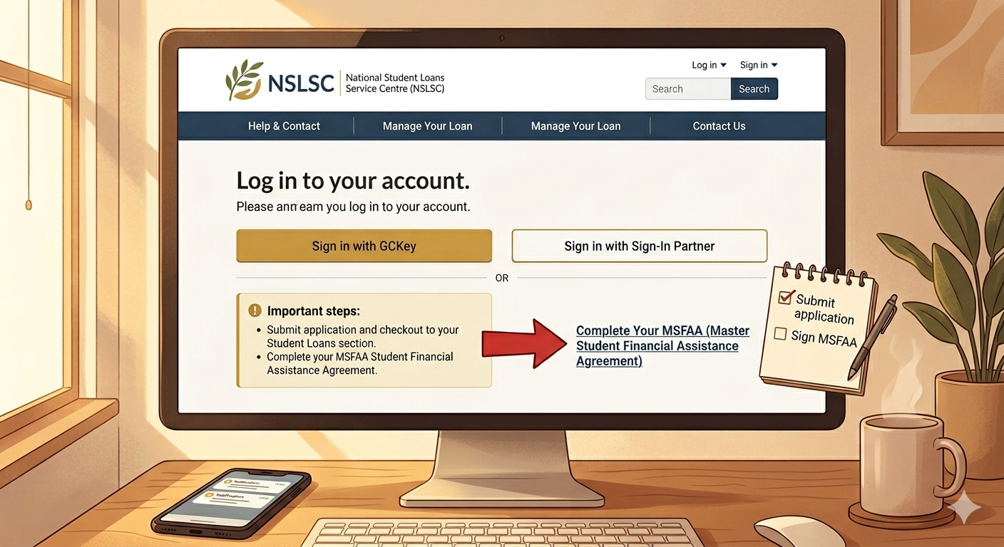 NSLSC website showing where to complete the Master Student Financial Assistance Agreement — a step many OSAP applicants miss - 2